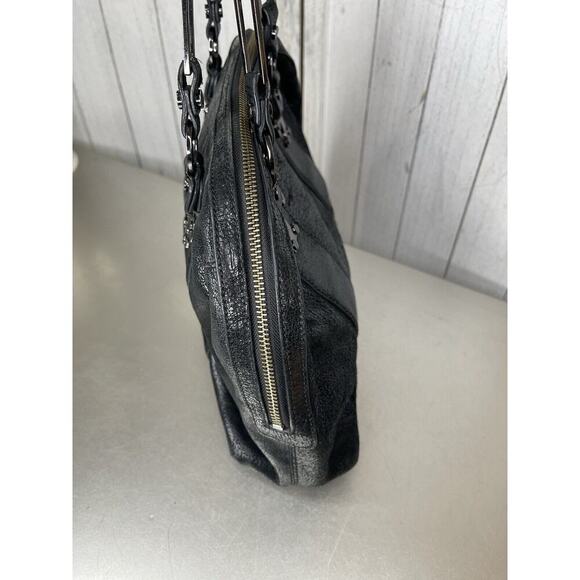 Tory Burch Black Sheen Crackle Leather Top Handle Bag Chunky Hardware Y2K - Picture 4 of 11